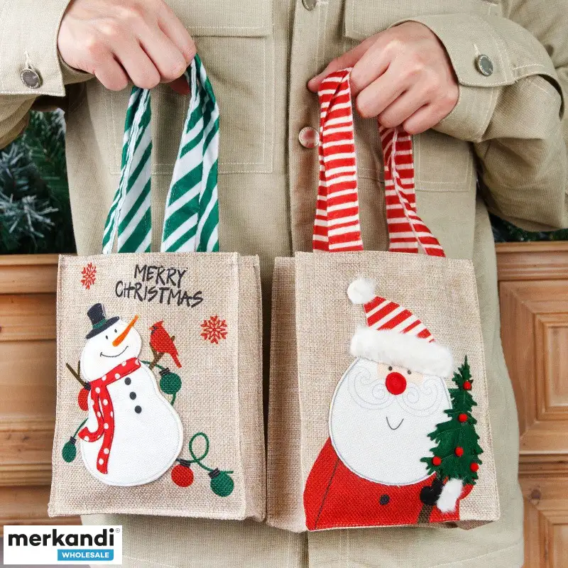 Bolsas de regalo de Navidad Burlap Cartoon Santa Claus Muñeco de nieve Bolsas de regalo Bolsas de caramelo Bolsas de manzana Bol