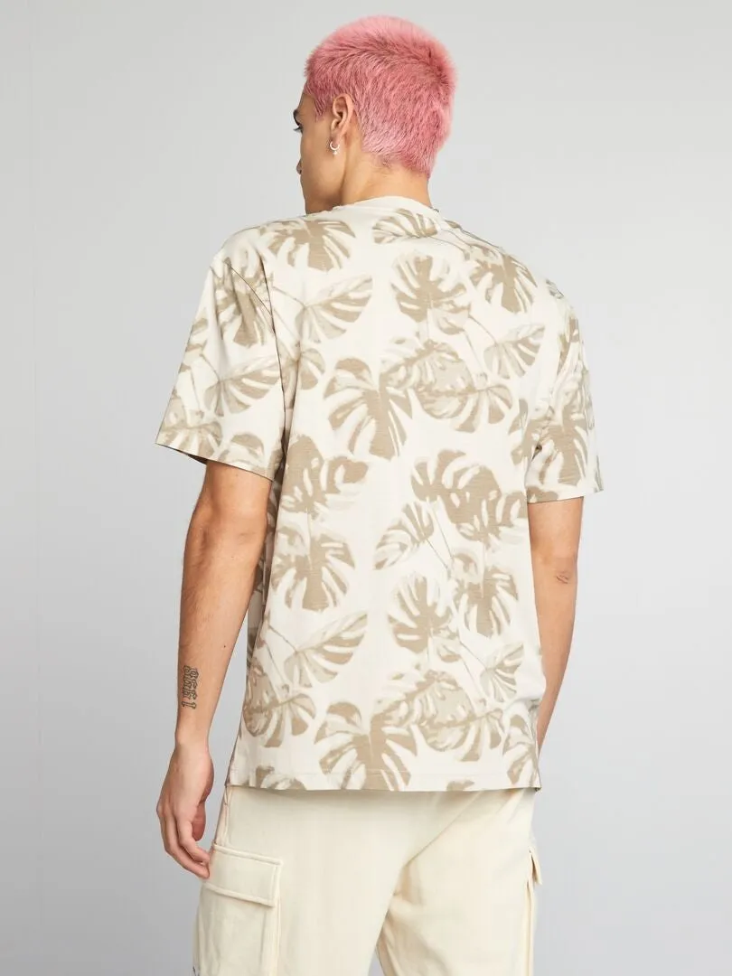 Camiseta de cuello redondo con estampado - BEIGE