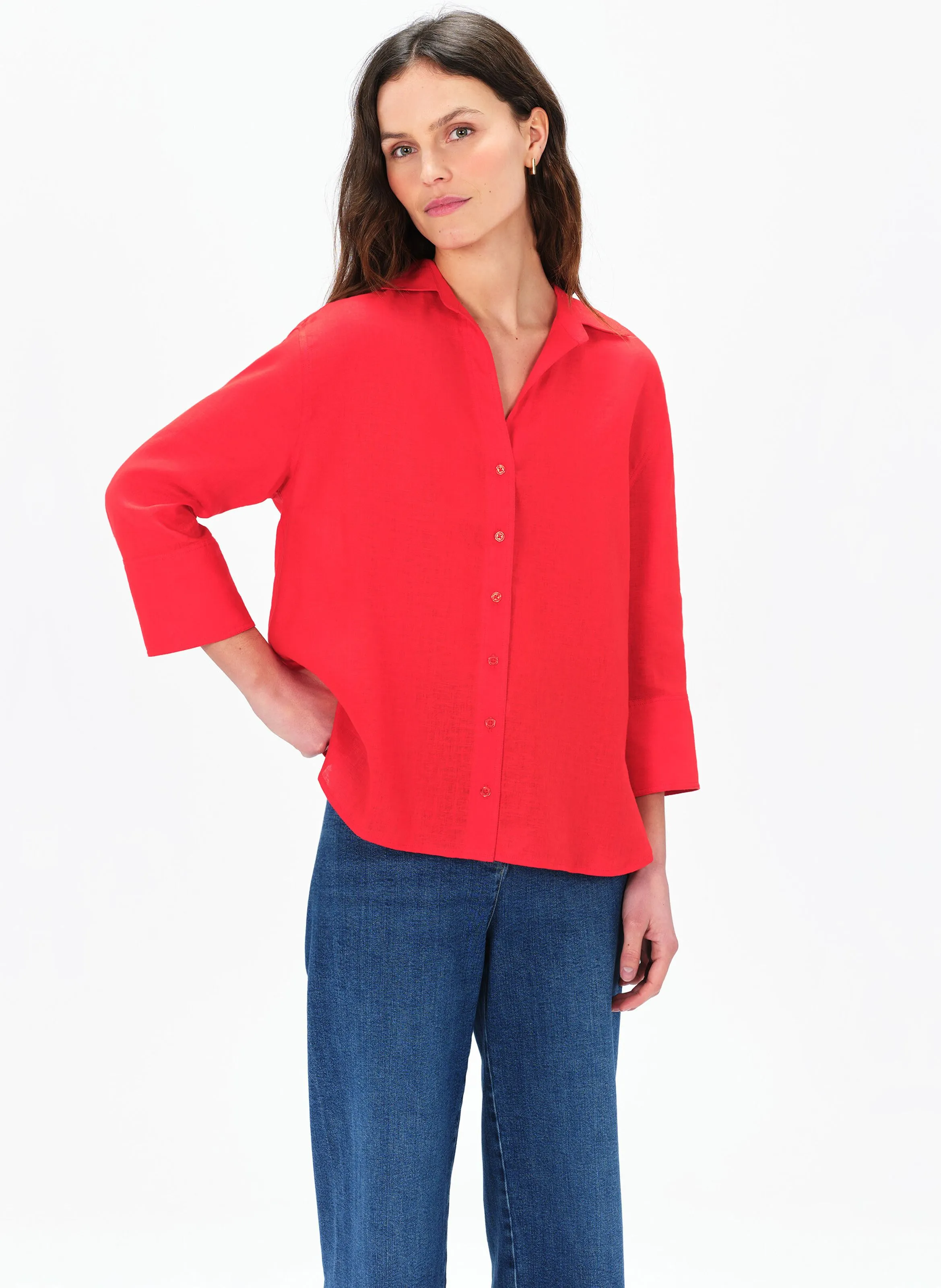 CAROLL CORALINE - Camisa recta de lino con cuello clásico en rojo