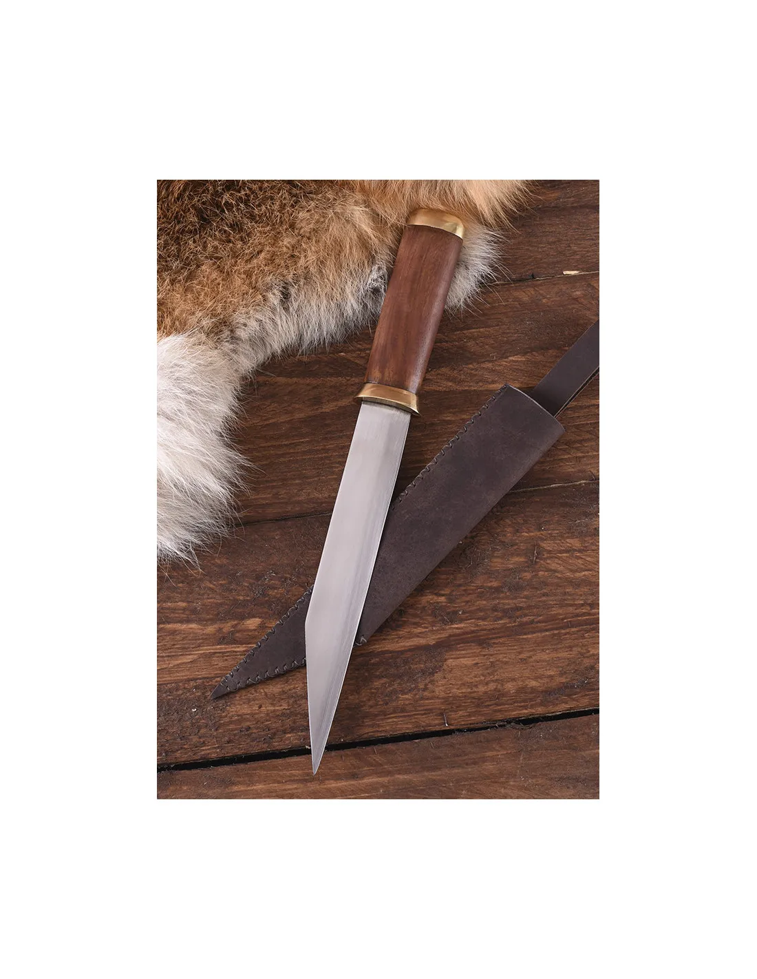 Cuchillo Seax hoja acero al carbono, funda de ante marrón