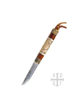 Cuchillo vikingo pequeño en acero Damasco y madera de hueso