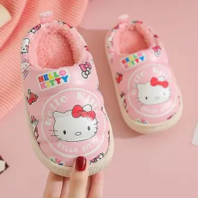 Kawaii Sanrio Anime Zapatilla de algodón Hello Kittys Lindo Niños Dibujos Animados Peluche Impermeable Superficie de Cuero Antid