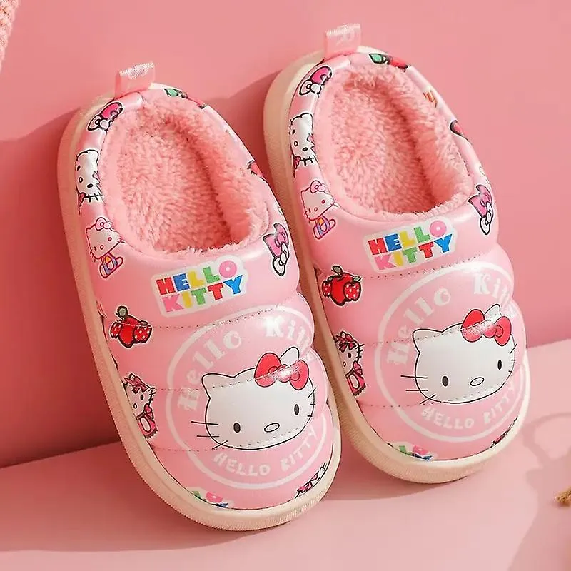 Kawaii Sanrio Anime Zapatilla de algodón Hello Kittys Lindo Niños Dibujos Animados Peluche Impermeable Superficie de Cuero Antid