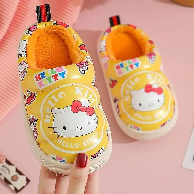 Kawaii Sanrio Anime Zapatilla de algodón Hello Kittys Lindo Niños Dibujos Animados Peluche Impermeable Superficie de Cuero Antid