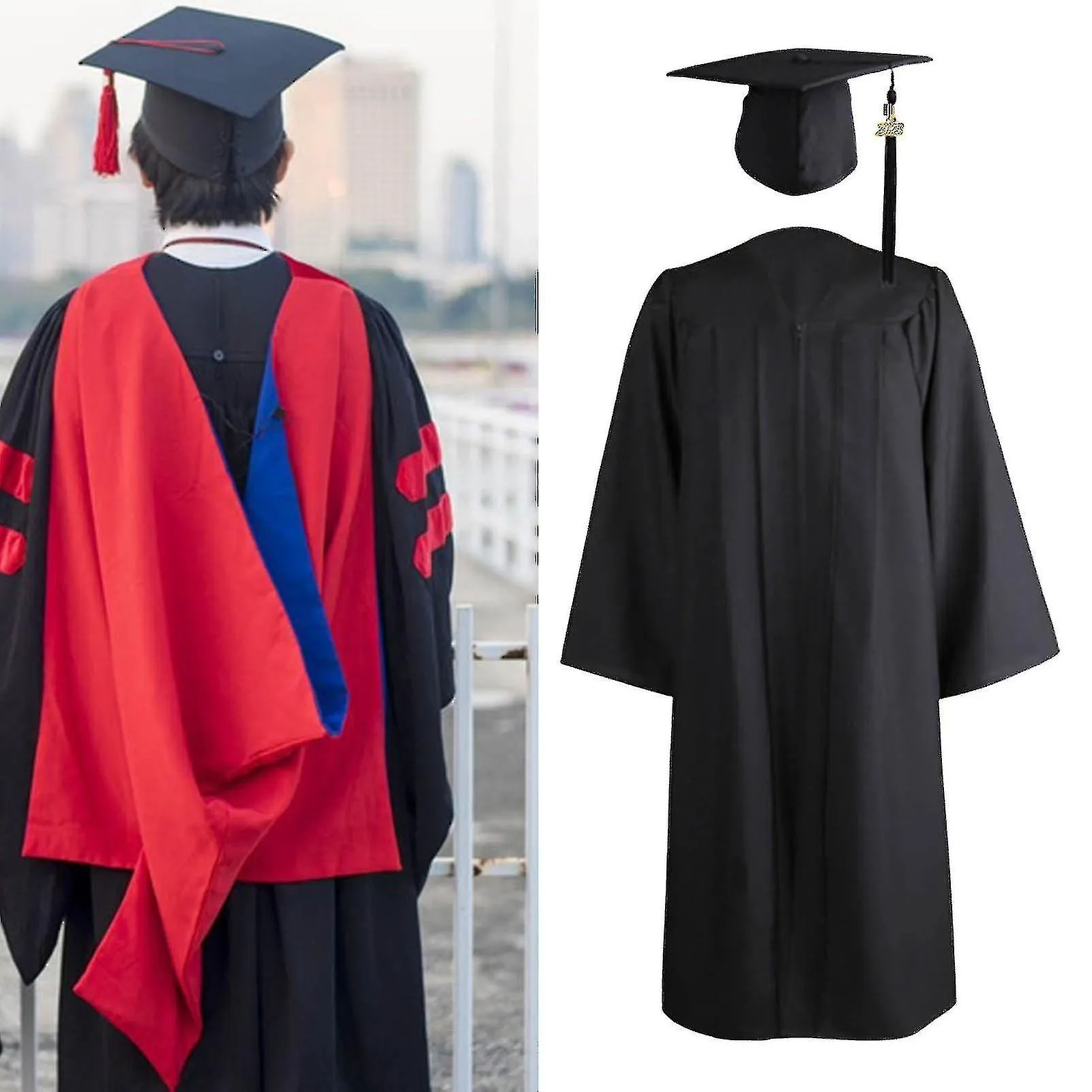 Naievear 1 Set Graduation Gown Hat Tassel Zipper V Neck Loose Solid Color 2023 High School Bachelor Academic Dress Student Suppl