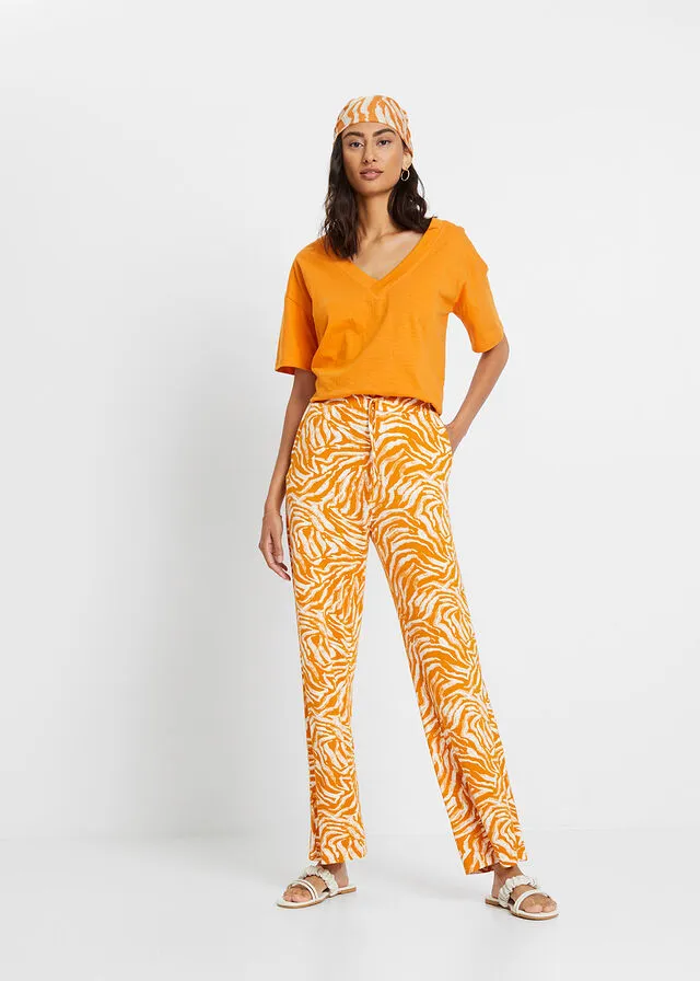 Pantalón de punto y viscosa con cintura cómoda estampado cebra marrón anaranjado/naranja oscuro