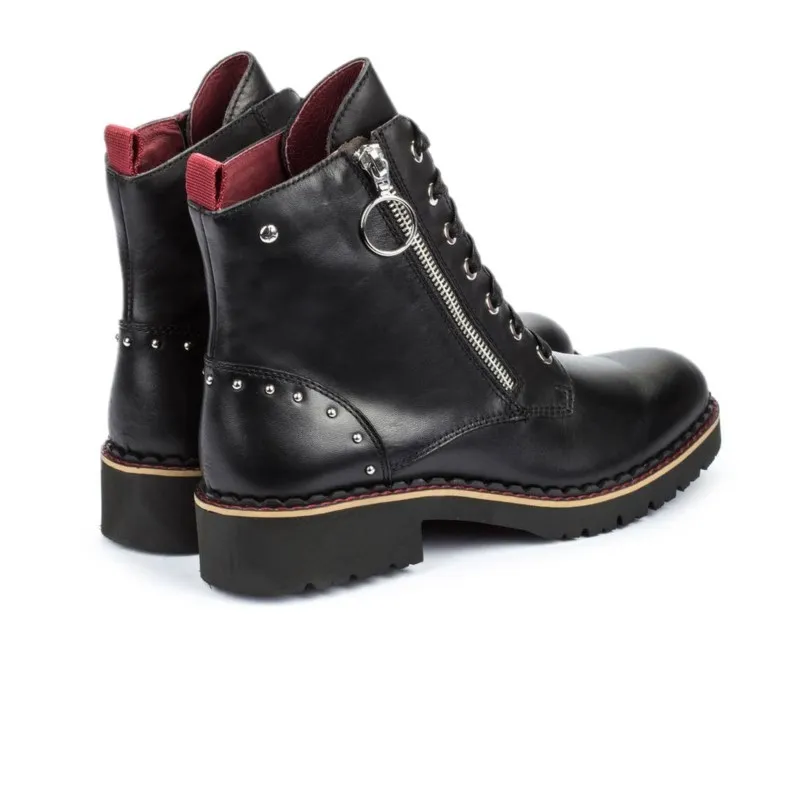 PIKOLINOS Vicar W0V-8610 Negro, granate y hielo. Bota plana cordones mujer