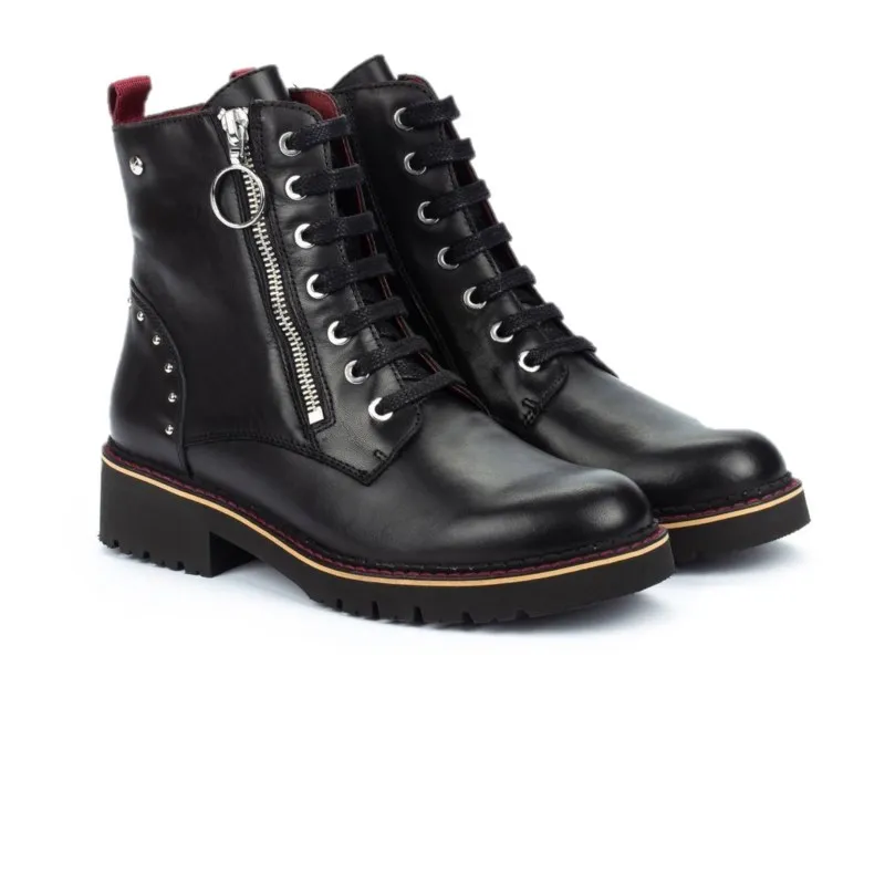 PIKOLINOS Vicar W0V-8610 Negro, granate y hielo. Bota plana cordones mujer