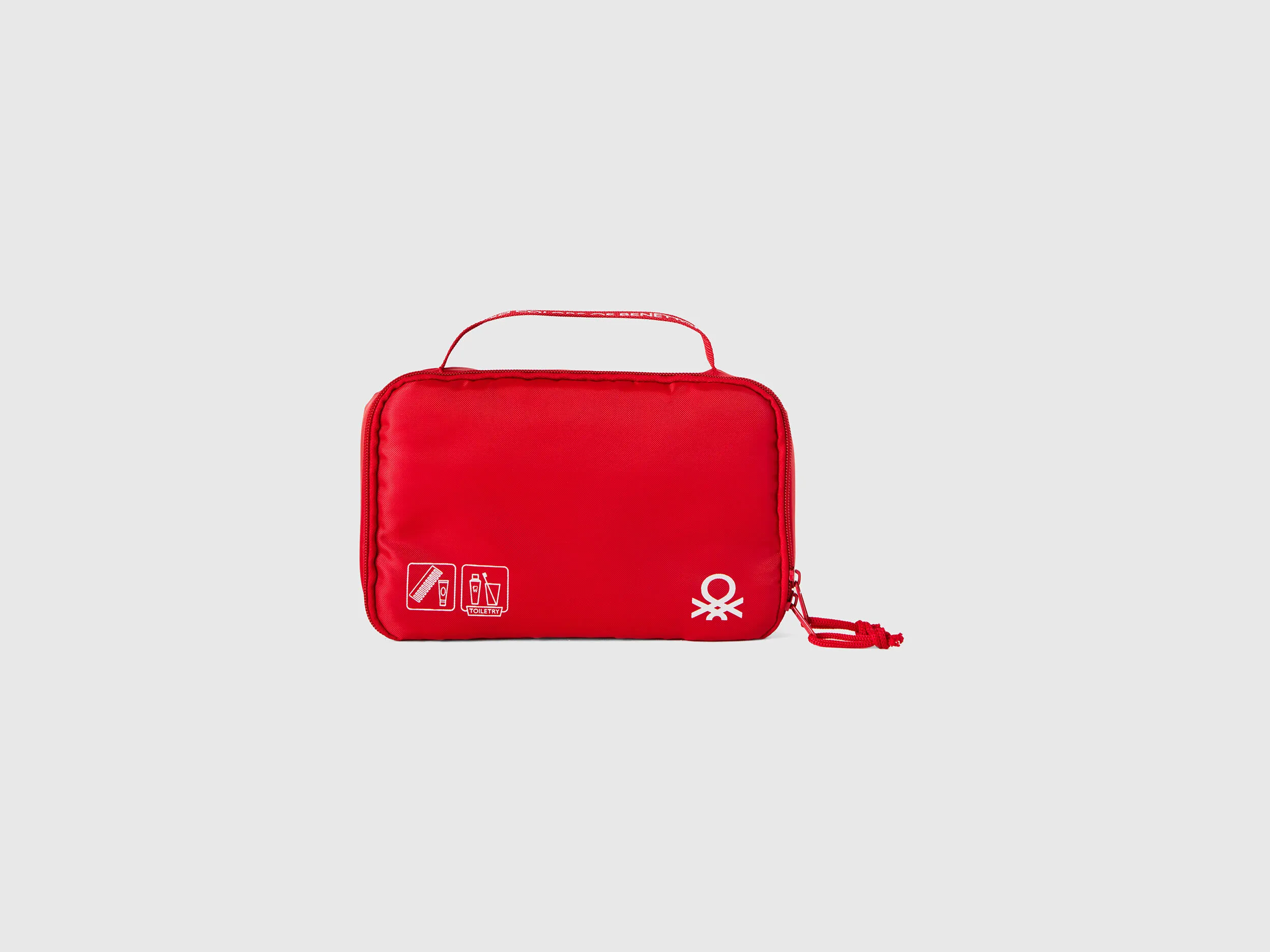 Red travel toiletry bag with hook