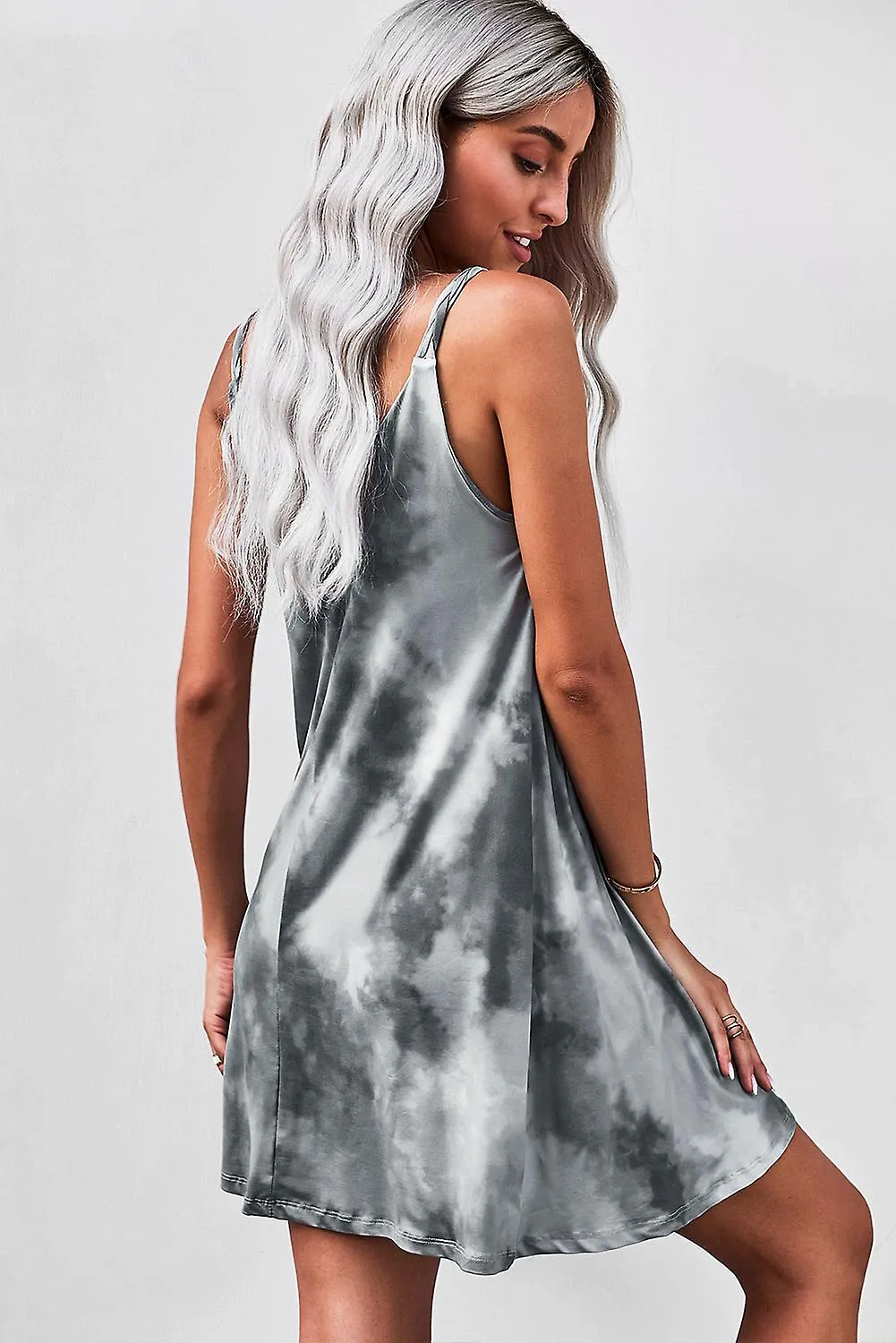 Women's Gray U Neck Gradient Color Printed Sling Sleeveless Swing Mini Dress