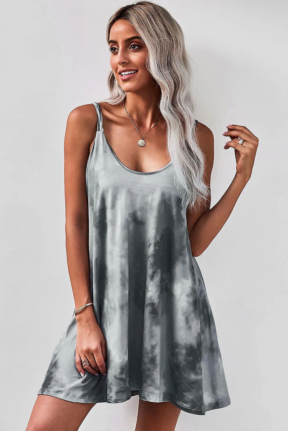 Women's Gray U Neck Gradient Color Printed Sling Sleeveless Swing Mini Dress