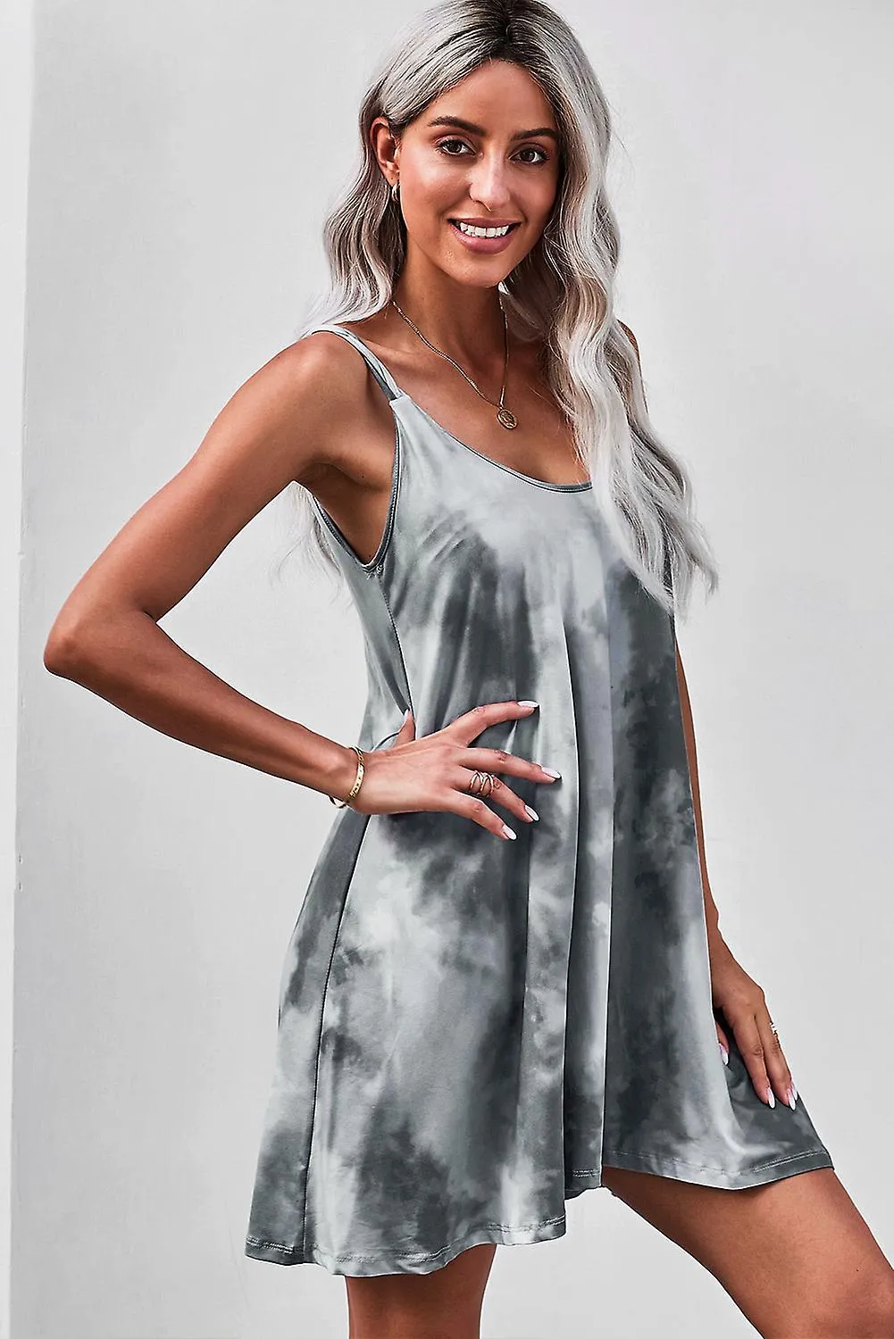 Women's Gray U Neck Gradient Color Printed Sling Sleeveless Swing Mini Dress