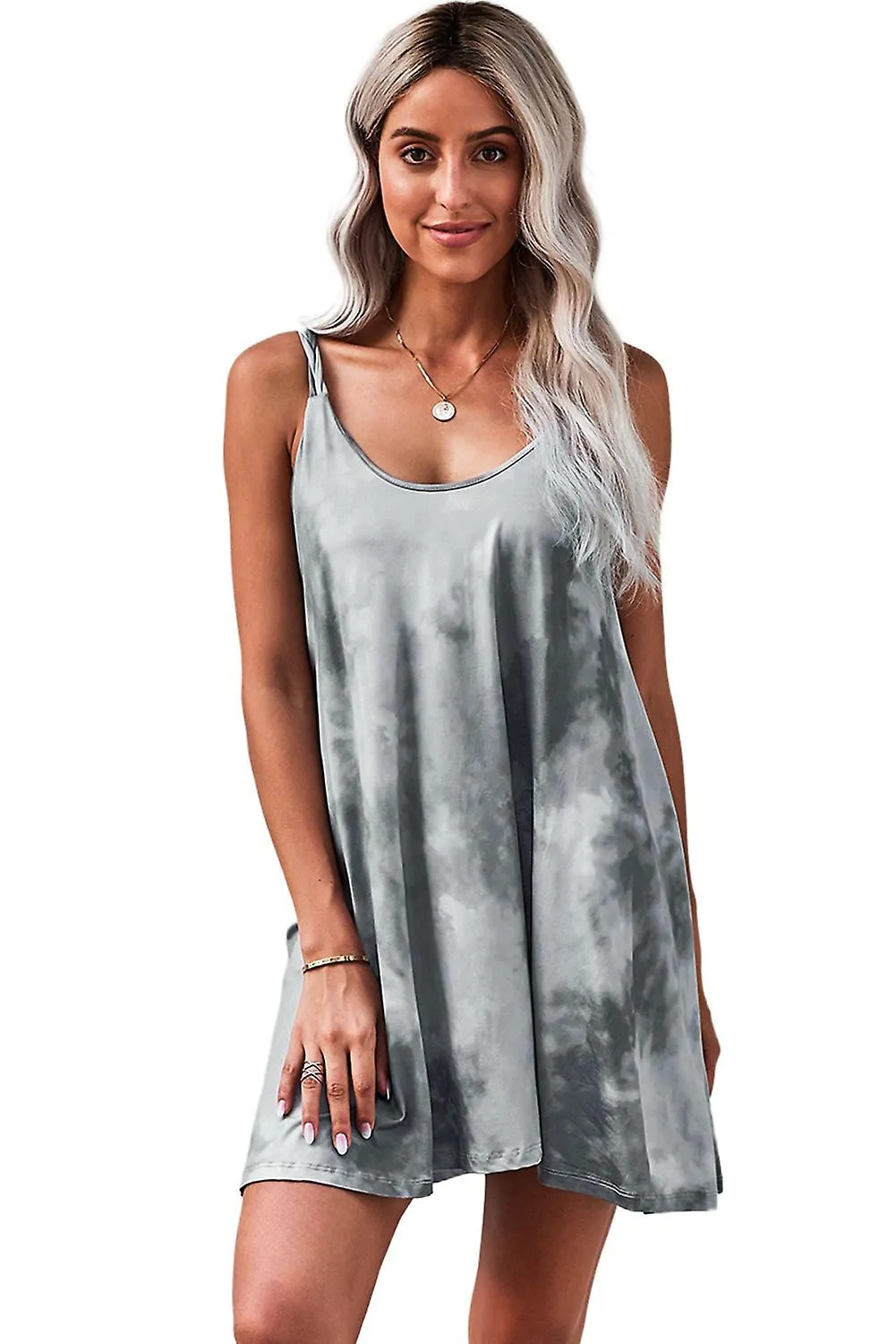 Women's Gray U Neck Gradient Color Printed Sling Sleeveless Swing Mini Dress