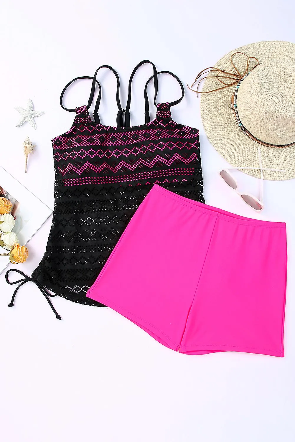 Women's Rose Color Block Lace Drawstring Tie Tankini Set