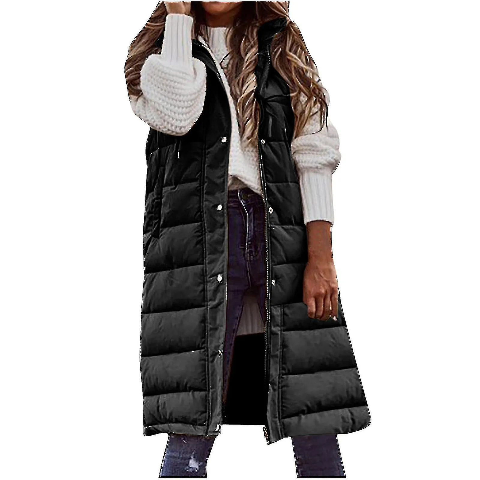 Women's Solid Color Hooded Single-breasted Mid-length Padded Vest Sleeveless Pocket Jacket-XXL-Black