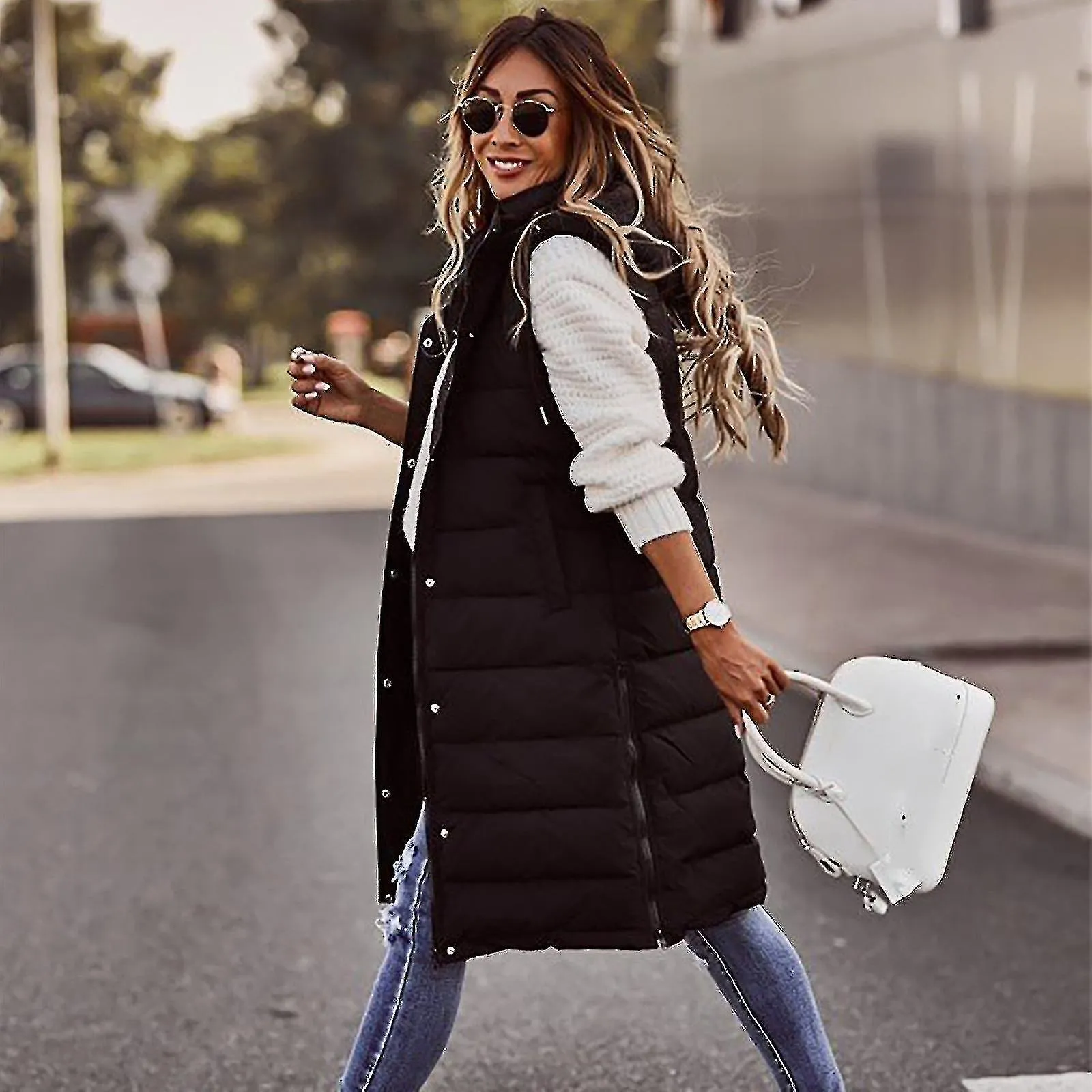 Women's Solid Color Hooded Single-breasted Mid-length Padded Vest Sleeveless Pocket Jacket-XXL-Black