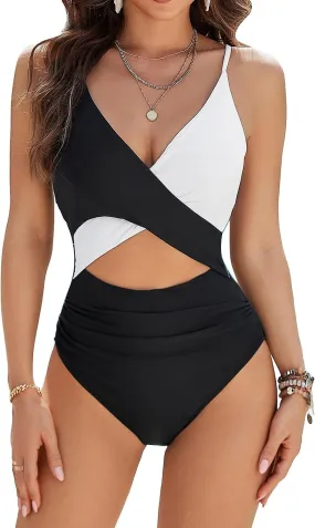 Womens One Piece Swimsuit Sexy Cutout High Cut Color Block Bathing Suits Cheeky Cute Ladies Swimwear